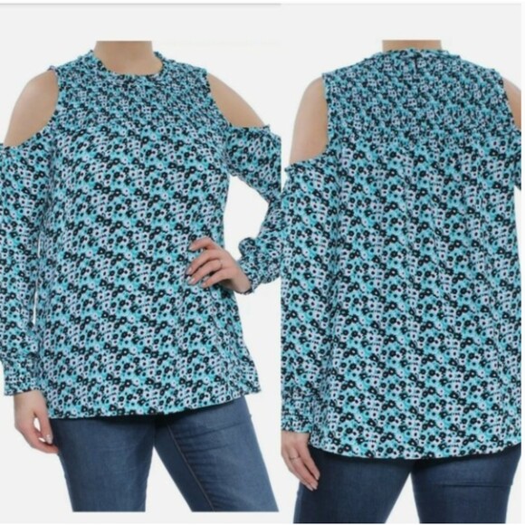 Michael Kors Tops - Michael Kors Blue Black Floral Smocked Top Crew neck Women's Size M